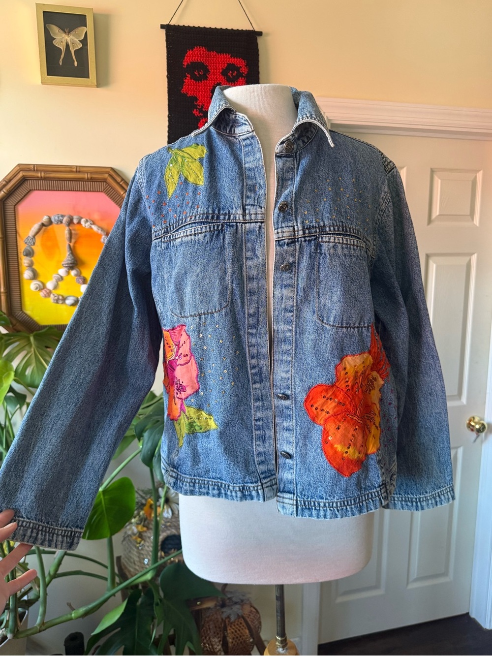 Y2K Hand-Painted Denim Jacket with Floral & Sequin Accents - Blue Jean Jacket